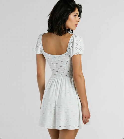 Charming Appeal Puff Sleeve Eyelet Knit Skater Dress