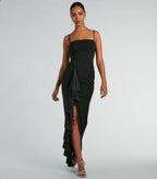 Maggie Ruffled High Slit Crepe Formal Dress