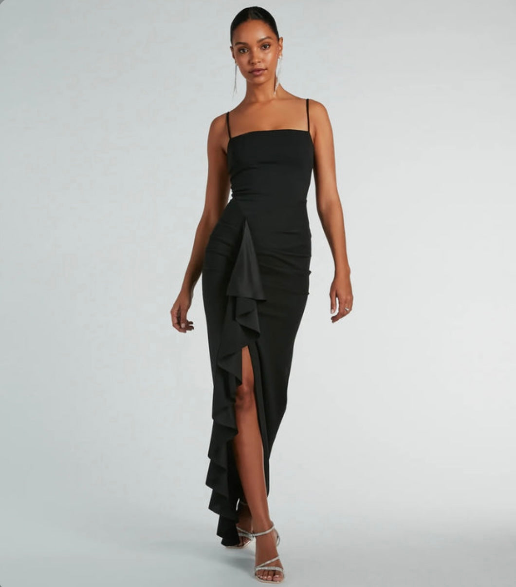 Maggie Ruffled High Slit Crepe Formal Dress