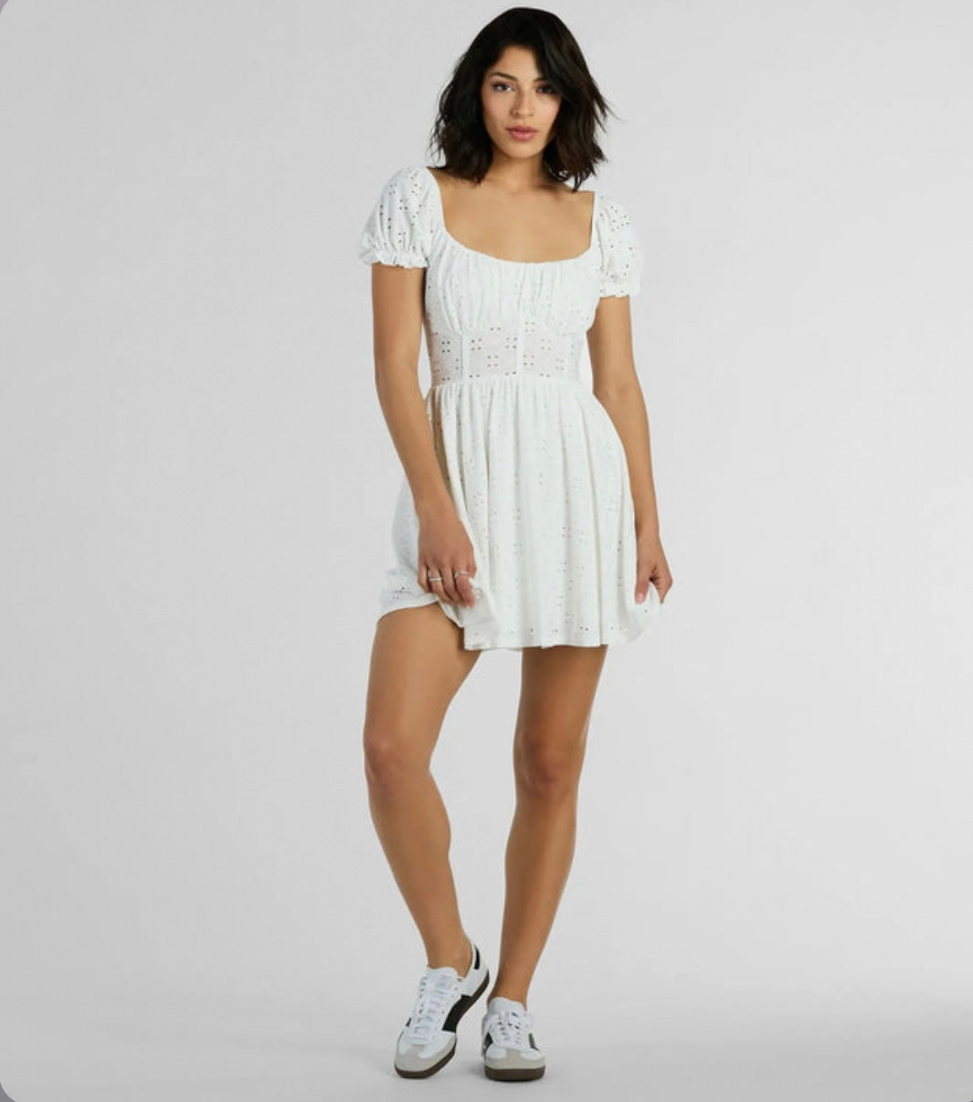Charming Appeal Puff Sleeve Eyelet Knit Skater Dress