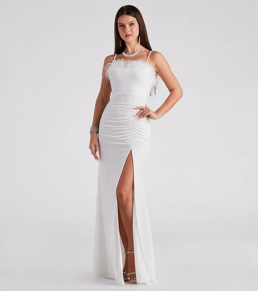 J’aime Feather Trim Velvet Mermaid Dress