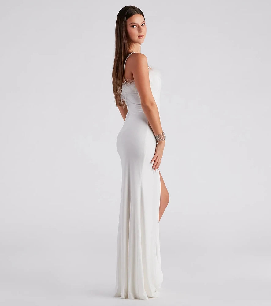 J’aime Feather Trim Velvet Mermaid Dress