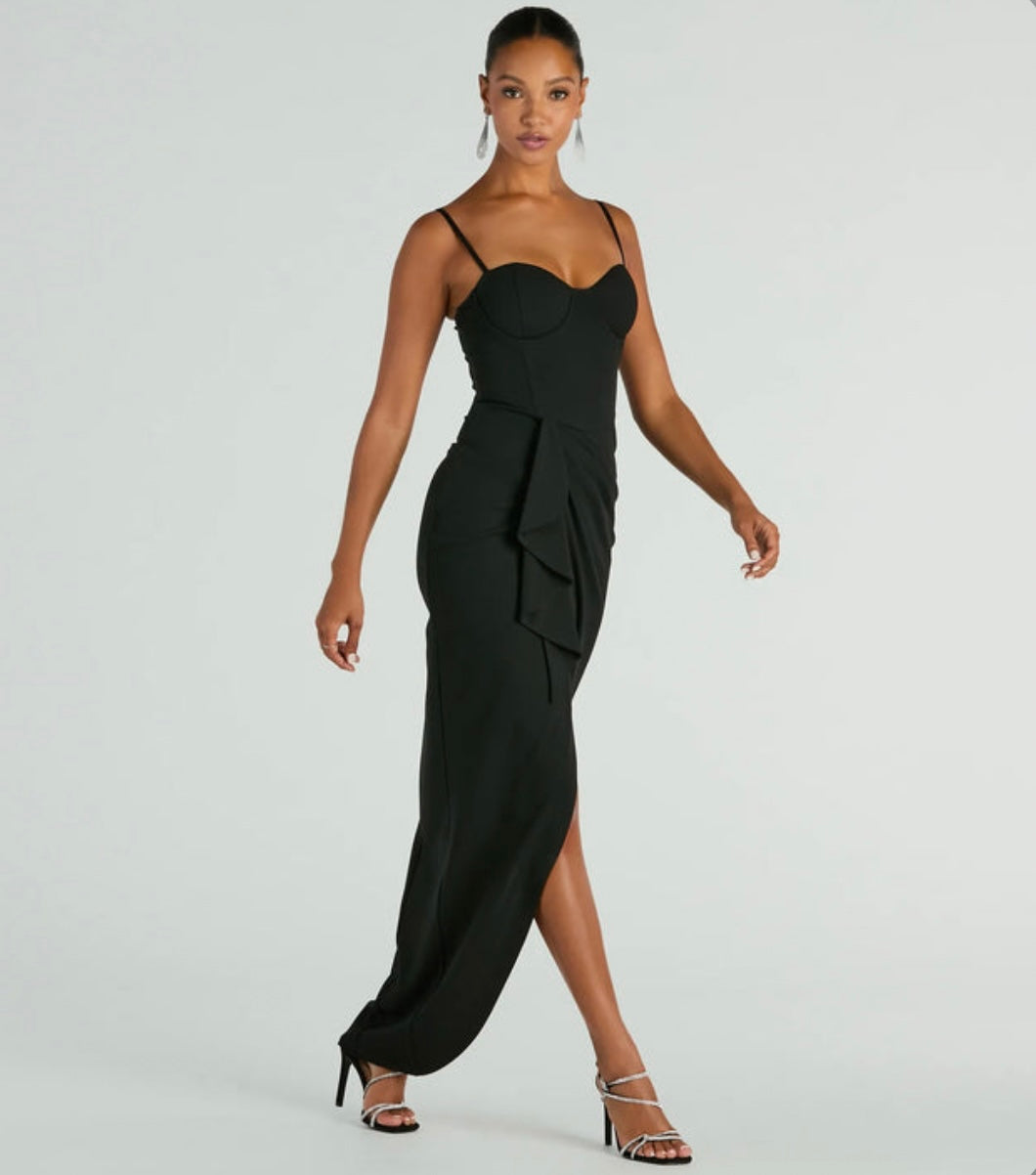 Maggie Ruffled High Slit Crepe Formal Dress