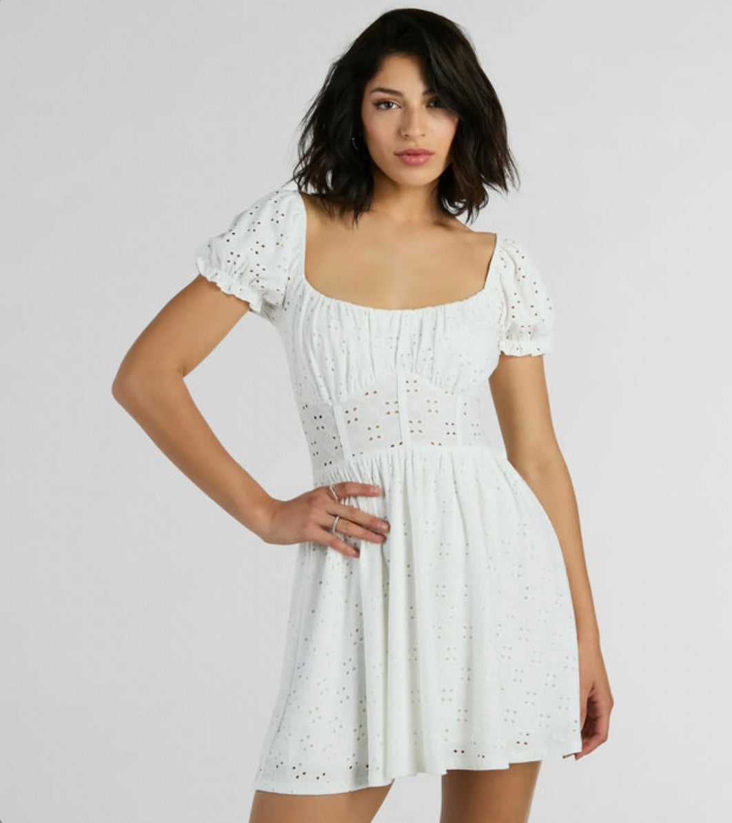Charming Appeal Puff Sleeve Eyelet Knit Skater Dress