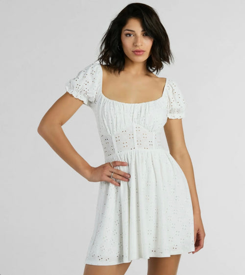 Charming Appeal Puff Sleeve Eyelet Knit Skater Dress