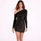 Glitzy Era Asymmetrical Long Sleeve Glitter Mini Dress