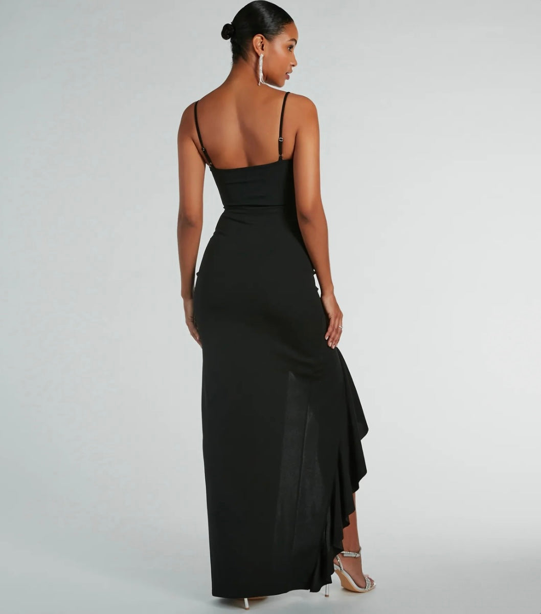 Maggie Ruffled High Slit Crepe Formal Dress